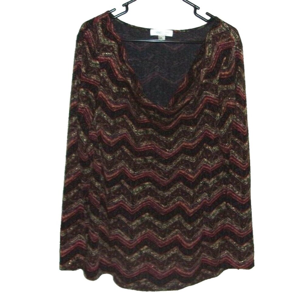 Coldwater Creek Metallic Zig Zag Aztec Print Cowl Neck Blouse Top XL Multicolor